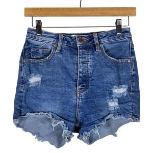 We The Free Distressed Raw Hem Denim Shorts Medium Wash Festival Boho Size 25